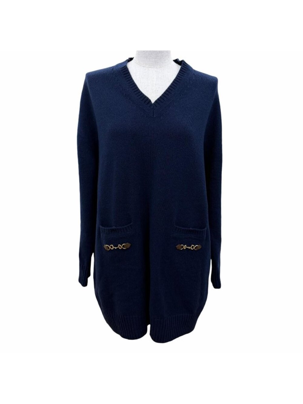 Gucci Cashmere 100% Horsebit Long Sleeve V-neck Knit Dress Navy XS